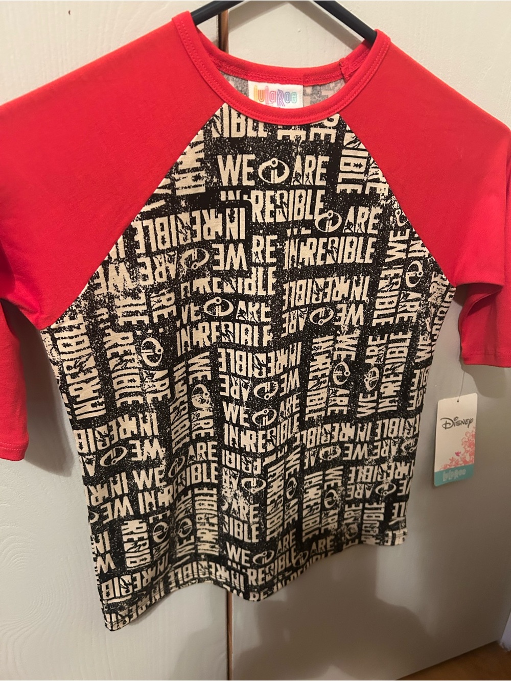 NWT LuLaRoe Raglan Tee with Black & Cream 'We Are Incredible' Graphic, DISNEY